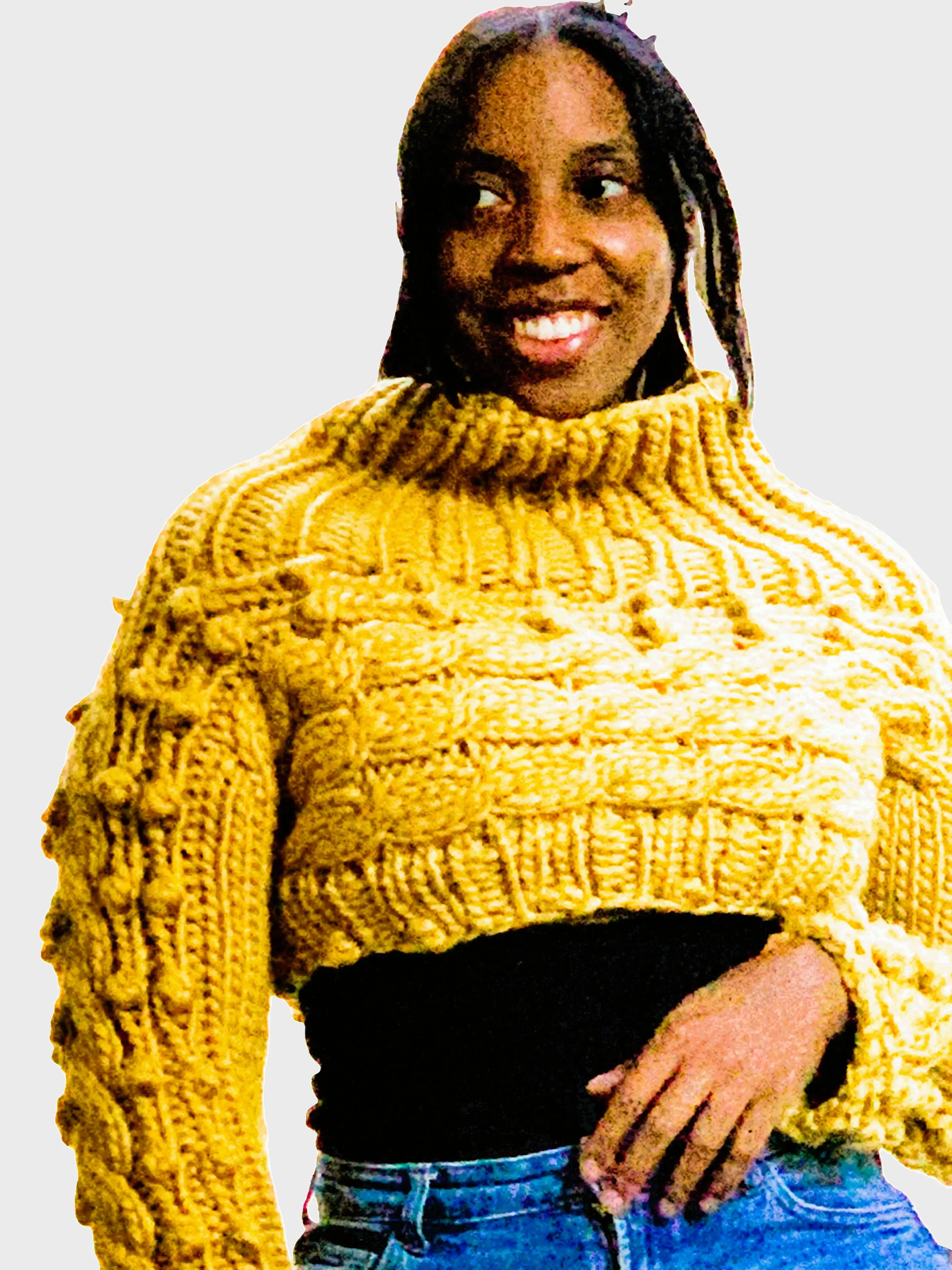 loft Women's Short Crop 100% Peruvian Wool Knitting Pullover Sweater, Long Sleeve Turtleneck, Gorgeous Cable & Bobble Detailing Basic Top in Mustard Yellow