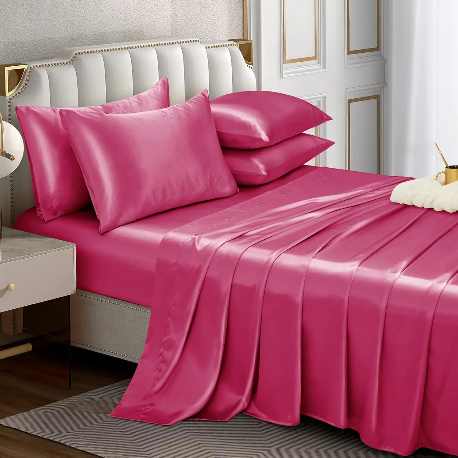 6 count Satin Sheet Set Full Size Luxury Silky & Soft Hot Pink Satin Full Bed Sheet Set with 16" Deep Pocket, 1 Fitted Sheet, 1 Flat Sheet, 4 Pillowcases