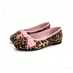 Women's Leopard Print Ballet Flats, Pink Bowknot Round Toe Slip-On Shoes, Trendy Casual Daily Footwear