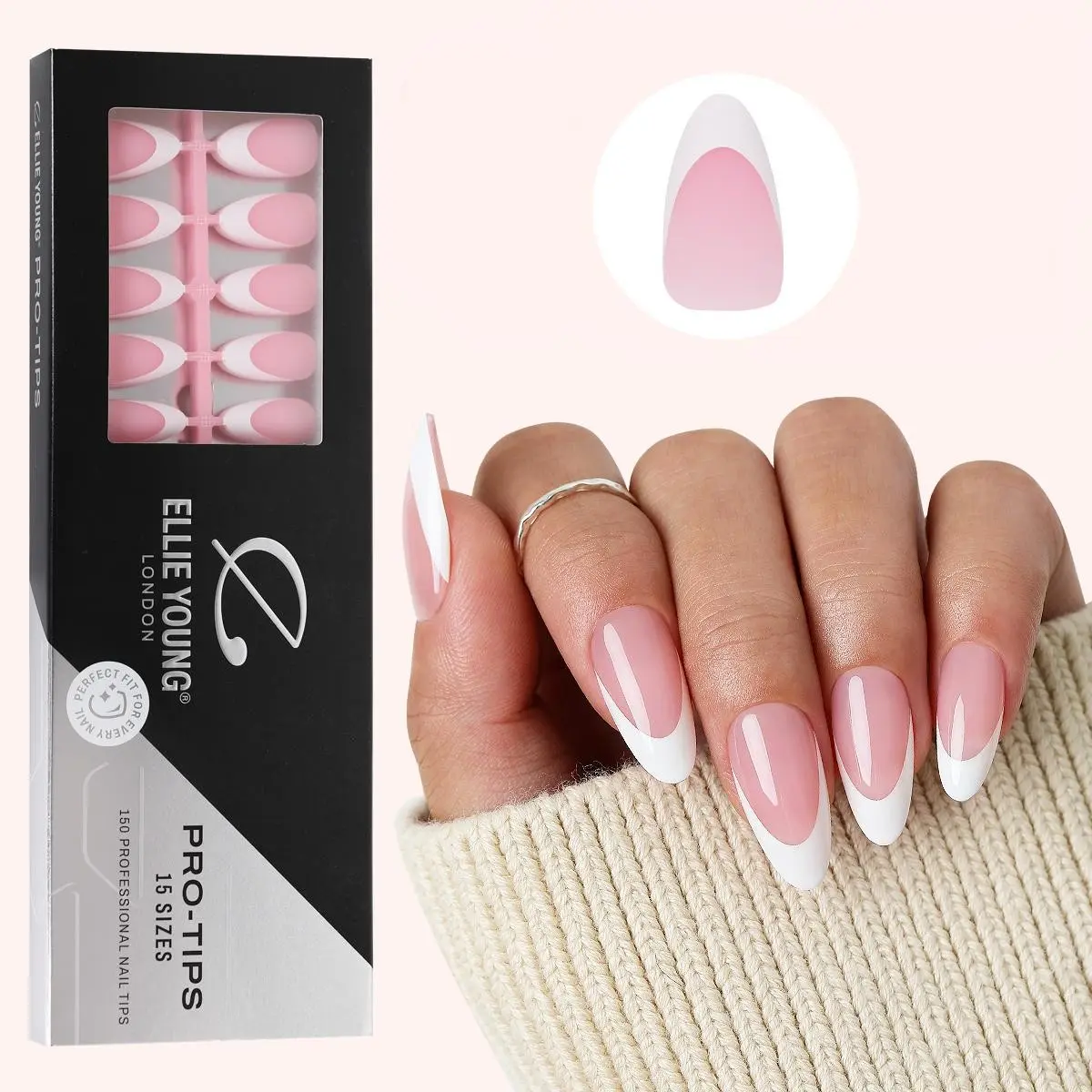 ELLIE YOUNG PRO-TIPS Medium Almond White French Tips with Pink Base, 150pc Press-On Nails Kit – 15 Sizes, Matte Gel Acrylic Look, Soft Gel DIY Extensions