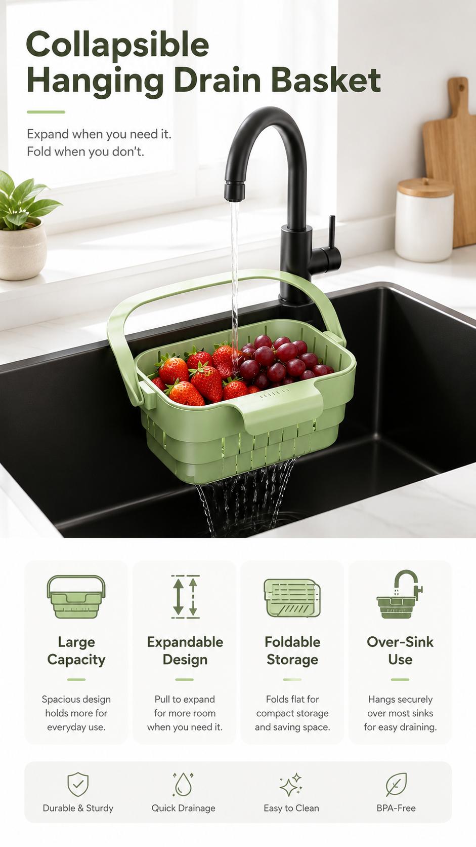 Collapsible Hanging Drain Basket - Expandable Foldable Space Saving Kitchen Sink Organizer for Dishes and Produce