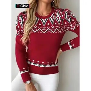 Women's Colorblock Christmas Print Round Neck Sweater, Casual Long Sleeve Crew Neck Jumper for Fall & Winter, Fashion Ladies' Knitwear for Daily Wear