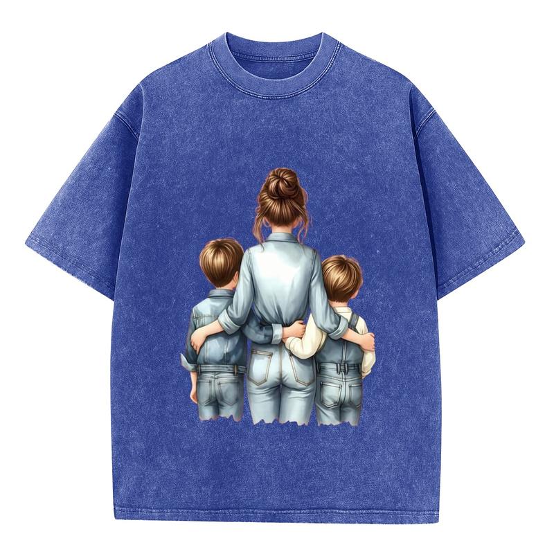 Women's Plus Size Combed Cotton Acid Wash Vintage Loose-Fit Short Sleeve Crew Neck Curvy Graphic Print T-Shirt - Casual Mom Top for 2-Son Family Matching, Ideal for Anniversary, Beach Outings