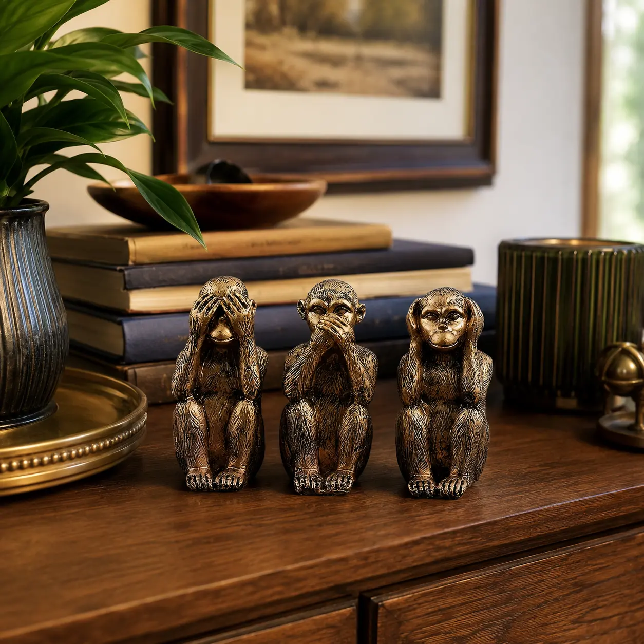 3 pcs Wise Monkeys Resin Figurines, Vintage Bronze Tone Home Decor for Living Room Shelf, Bookcase, Entryway and Office Desk, Small Housewarming Gift for Men, Coworkers and Monkey Lovers