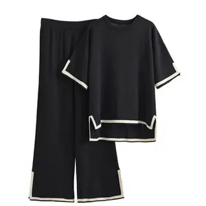 Women 2 Piece Lounge Sets Short Sleeve Knit Sweater Tops Wide Leg Pants Hit Clothing Suits..
