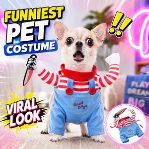 Pet Gijii Transformation Costume, Striped Overalls with Knife Prop, Cat Dog Universal Small Medium Pets Halloween Party Cosplay