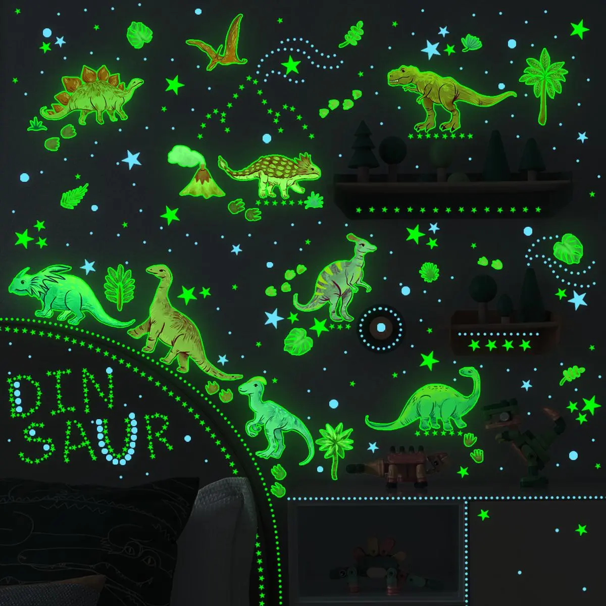 Cartoon Dinosaur & Star Pattern Wall Sticker, Dinosaur Wall Decals, Glow in The Dark Wall Decal, Self Adhesive Wall Art Decorative Stickers, Luminous Wall Sticker for Home Bedroom Living Room