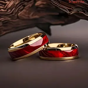 8mm 304 Stainless Steel Ring With Red Agate Inlay, Boho Style Birthstone Jewelry For Unisex Daily Casual Matching
