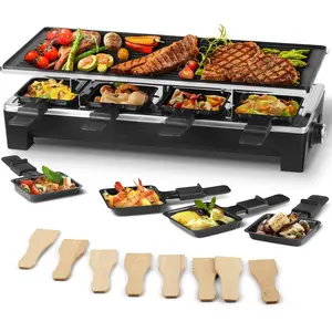Raclette Table Grill,  Electric Grill, Indoor Grill Korean BBQ Grill With 2 in 1 Reversible Non-stick Plate, Crepe Maker with Adjustable temperature control, 8 Raclette Pans & Wooden Spatulas