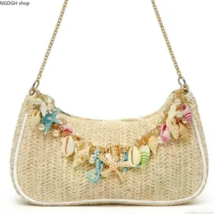 Seashell & Starfish Charm Straw Shoulder Bag, Gold Chain Strap, Perfect for Tropical Vacations, Beach Days & Adding Coastal Whimsy to Your Summer Outfits