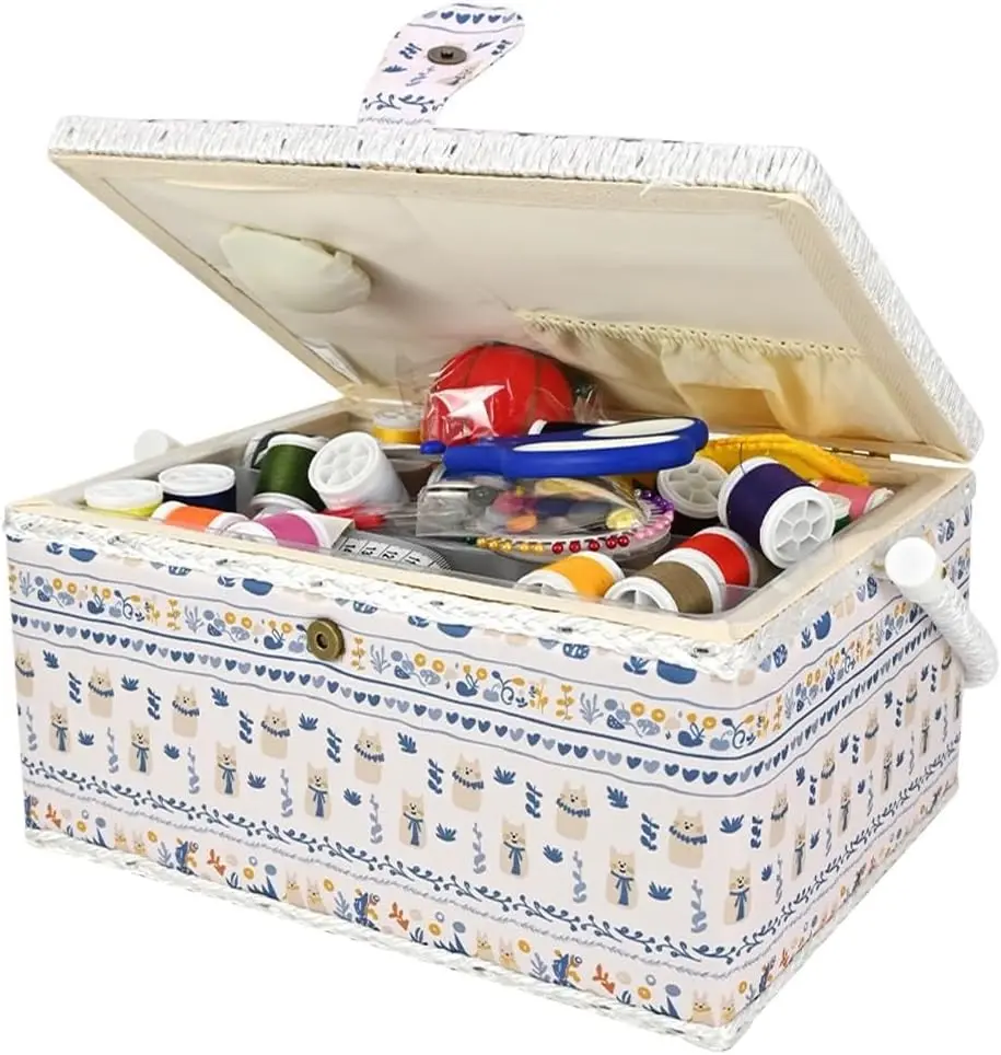 Large Vintage Sewing Basket with Removable Tray Pin Cushion | Ideal Sewing Box for Beginners, Complete Sewing Box for Sewing Supplies with Accessories