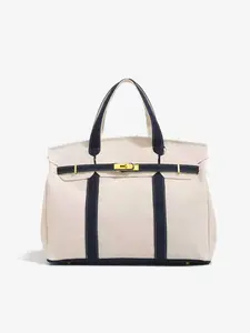 High-End Colorblock Canvas Bag, Large Capacity Commuter Tote, Casual Plain Handbag, All Seasons Versatile Shoulder Bag