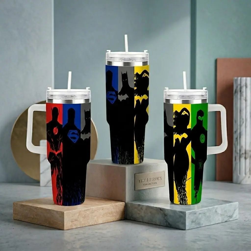 Stainless Steel Insulated Hero Silhouette Car Cup Tumbler (40oz/30oz/20oz) - Abstract Comic Art Print, Leakproof, Durable, With Straw, Portable Drink Bottles Flasks For Office, Outdoor Use, Gifts, Insulation