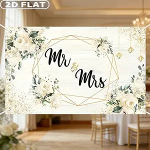 2D FLAT 1pc Elegant White Floral "Mr. and Mrs." Banner Studio Props - 70.78X43.3 Inches Polyester Background, Suitable for Weddings, Anniversaries, and Cake Smash Photography, Wedding Party Decorations Banner