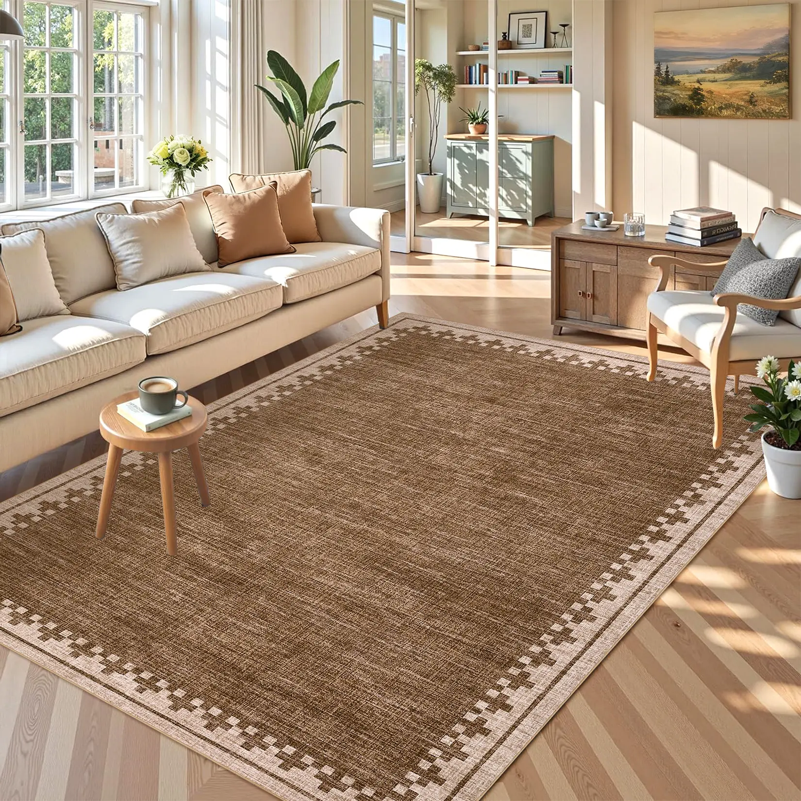 Large Size Washable Bordered Printed Rug, Simple Solid Color Design, Soft Ultra-Thin & Non-Shedding, Non-Slip Rubber Backing, Perfect for Bedrooms, Children's Rooms, Hallways and Living Rooms carpet