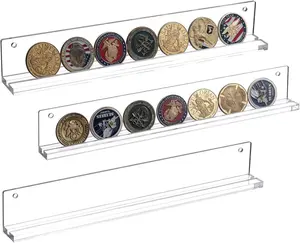 Wall Mounted Clear Acrylic Challenge Coin Holder, Single Row Military Coins Collection Shelf, Set of 3