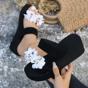 Women's Comfy Thick-Sole Beach Sandals - Open Toe, Black Fabric with Handcrafted 3D Floral Design, EVA Sole, Summer Slip-On Platform Shoes, Casual Slipons | Stylish Platform Heels | Strapless Sandals, Ladies Sandals