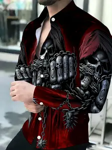 Red Base Chain & Skull Printed Men's Street Style Shirt