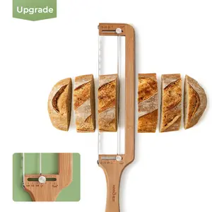 Keechee Adjustable Bread Cutter with Scale, Smooth Serrated Steel Blade, Bamboo Handle, Standard Kitchen Cutting Utensils & Multi-Functional Gadgets