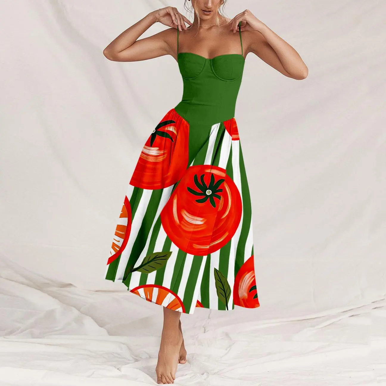 Women's Casual Tomato Stripe Print Strapless Sling Dress - Rural Realistic Painting Art Style, Natural Simple Elegant Fabric, Spring Summer Lady Casual Dress, Casual Wear, Sleeveless