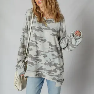 NewWomen’s Camouflage Print Exposed Seam Stitching Drop Shoulder Sweatshirt Plus Size Sweatshirt Size Range S-4X Can be used with a raincoat