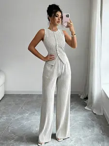 Women's Fashion Solid Color Textured Two-Piece Set Outfit, Sleeveless Round Neck Buttoned Slim Vest and High Waist Loose Straight Pants
