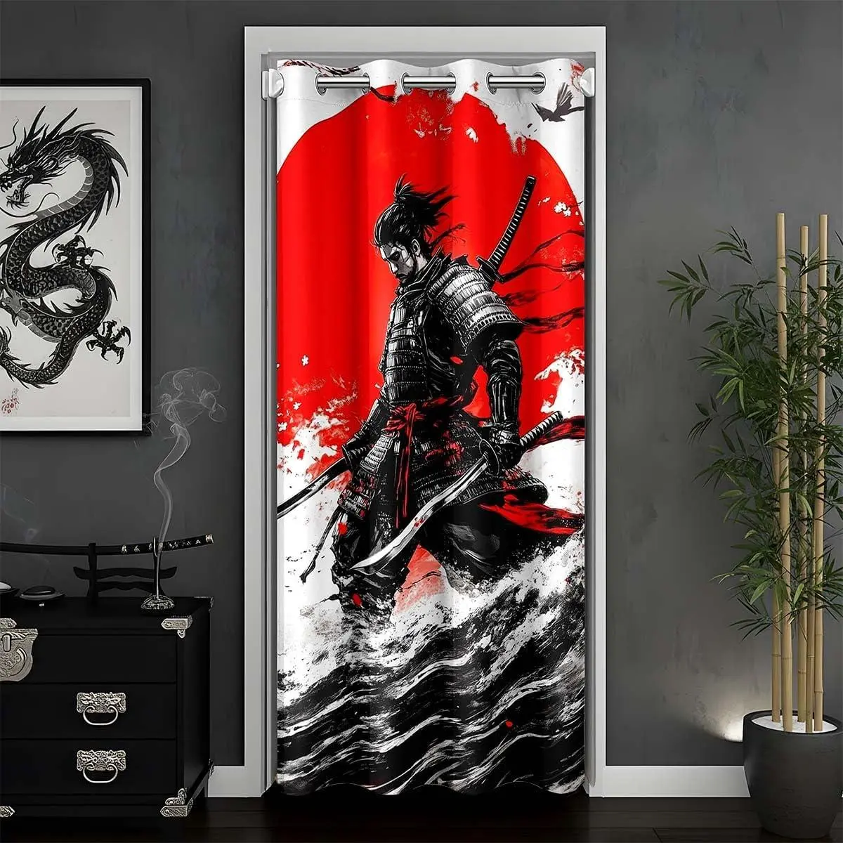 Samurai Door Curtain Doorway Privacy Japanese Closet Cover Bedroom Living Room Red Sun Room Divider Curtain Japanese Wave Darkening Blackout Home Decor