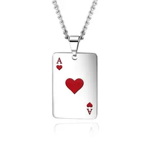 Punk Stainless Steel Playing Card Poker Tag Pendant Necklace for Women Men Girl Boy Lucky Rock Ace of Spade Heart Royal Flush Games Chain Necklace Hip Hop Unisex Jewelry Gift