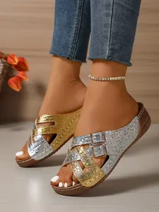 Multi-Color Colorblock Crocodile Pattern Wedge Sandals, Dual Buckle Women's Casual Flip Flops, Beach Shoes, Fashion Style, Footwear For Beach