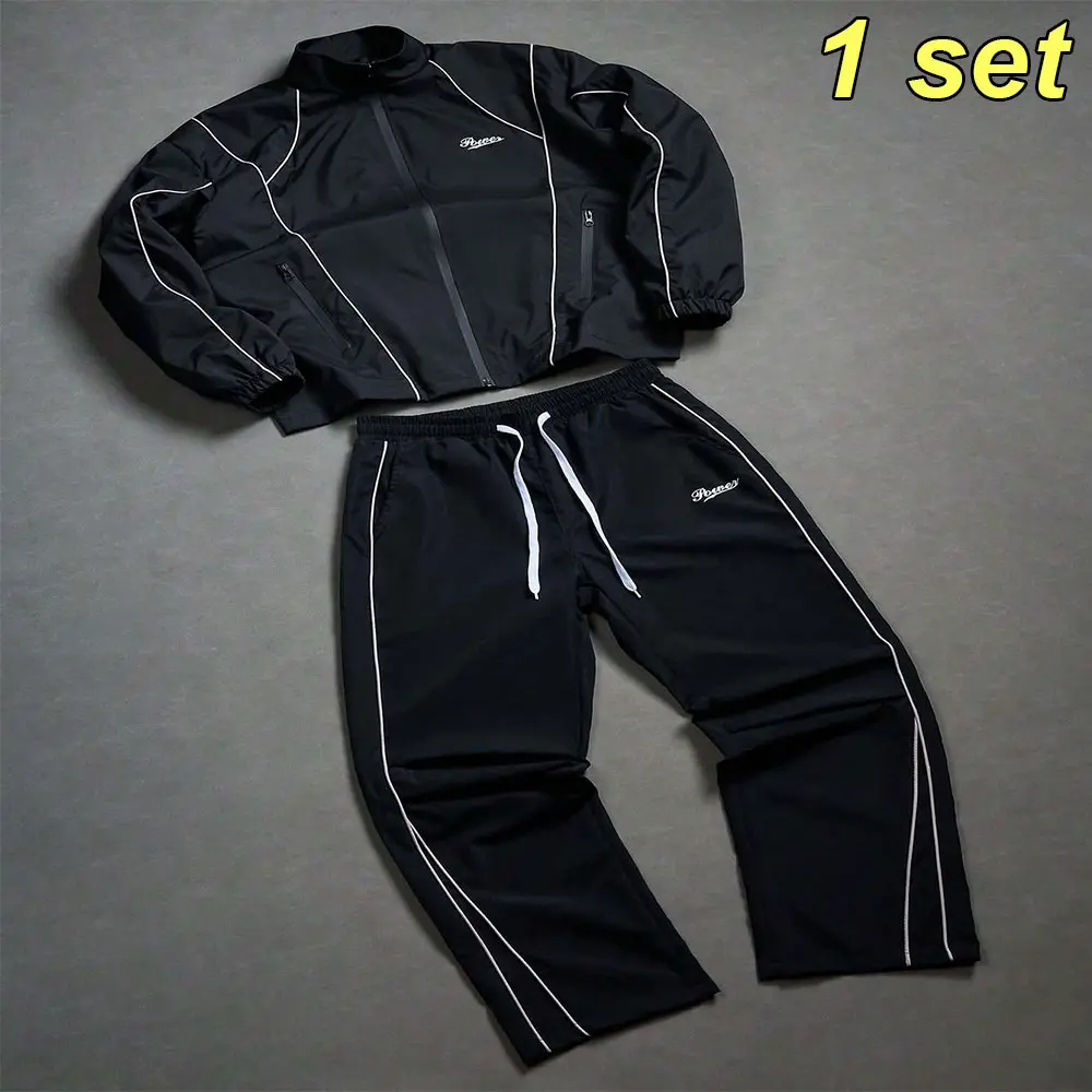 American street-style stand collar windbreaker + wide-leg athletic pants two-piece casual set; side-line design casual set; high-street trendy aesthetic for sports and commuting, versatile wear in two ways; slimming and height-enhancing, suitable for vari