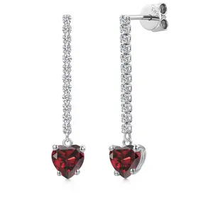 Gem Stone King 14K White Gold Gemstone Birthstone and Lab Grown Diamond Long Liner Dangle Earrings for Women | Heart Shape 6MM and Round 1.5MM | White Gold Chain Drop Earrings