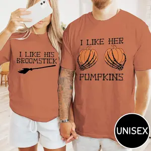 I Like Her Pumpkins I Like His Broomstick - Funny Halloween Couple T-Shirt, Full Size Full Color Halloween Matching Outfits, Spooky Season Husband Wife Boyfriend Girlfriend T-Shirts