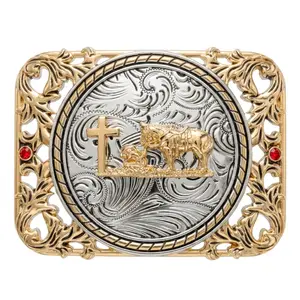 Men's Heavy Duty 3D Engraved Western Belt Buckle, Praying Cowboy Christian Cross Design with Gold-Silver Cutouts & Red Jewels, 4.25x3.25 in, Fits 1.6 in Standard Belts