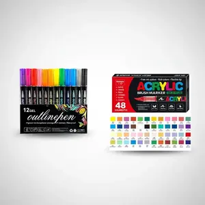 Double Line Outline Metallic & Acrylic Brush Marker Bundle, 12/24pcs Metallic Pens with 48pcs Acrylic Pens, Plastic Body, Waterproof Ink for Craft, Glass, Wood, Paper, DIY Art, Acrylic Drawing Markers