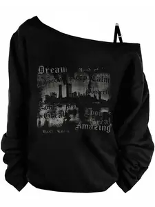 Women's off Shoulder Sports Sweatshirt Long Sleeve Casual Loose Top, Stylish Graffiti Design for Daily Outdoor Wear, Perfect for Spring & Fall