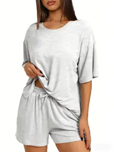 Womens 100% Cotton 2 Pieces Short Sets Summer Short Sleeve Outfits Casual Matching Lounge Set with Pockets