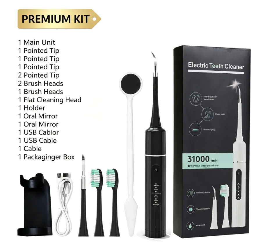 Ultrasonic Electric Teeth Cleaner Kit, 31000 VPM 6 Modes Rechargeable Dental Plaque Remover, with Replacement Tips, Oral Mirror & Hanging Bracket, Home Use Teeth Stain Tartar Remover for Adults