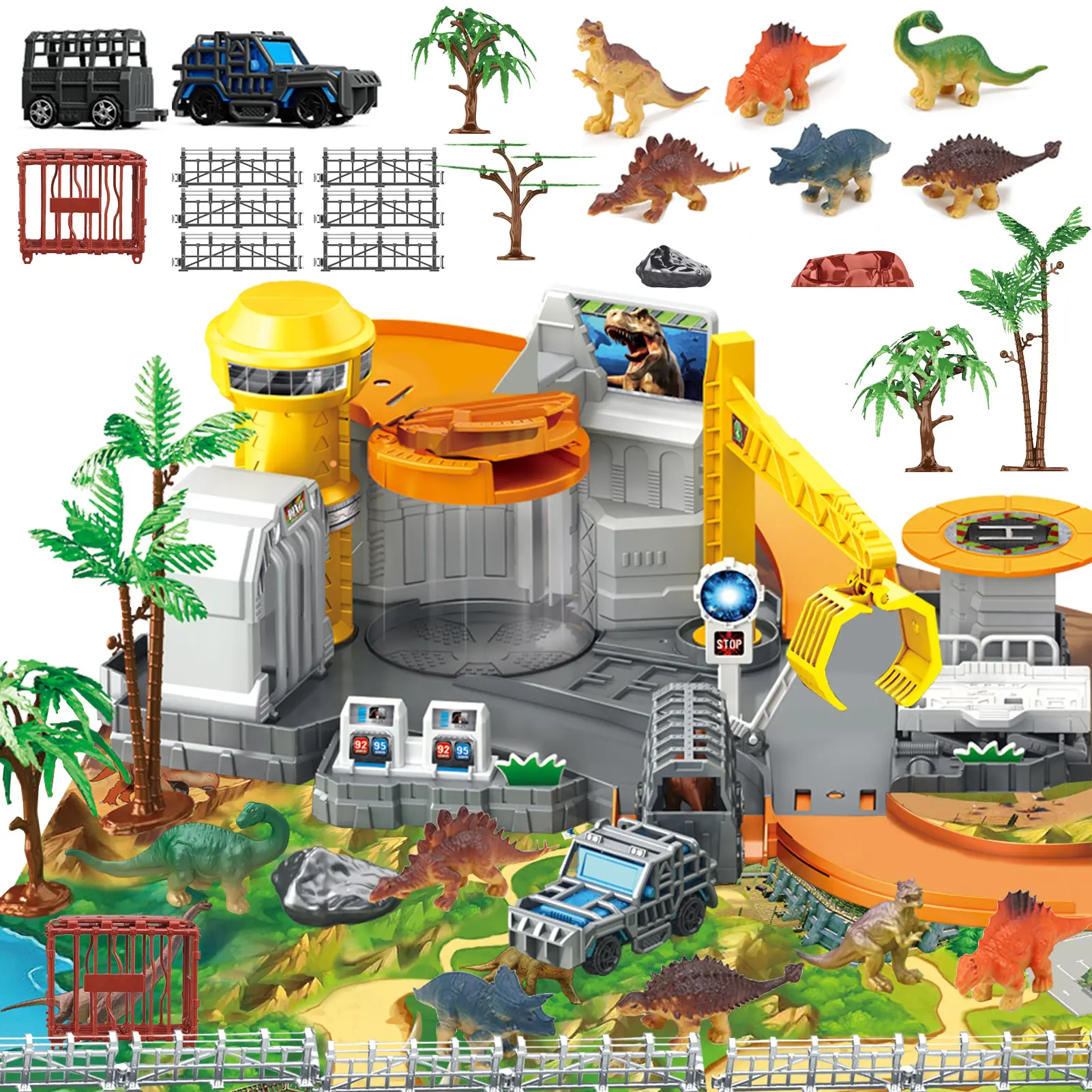 Dinosaur Toys Playset, Vehicles Construction Track Set with Map, Realistic Dinosaurs Figures, Parking Barrier, Crane & Cars, Educational STEM Learning for Kids Ages 3-12, (ASTM Certified)