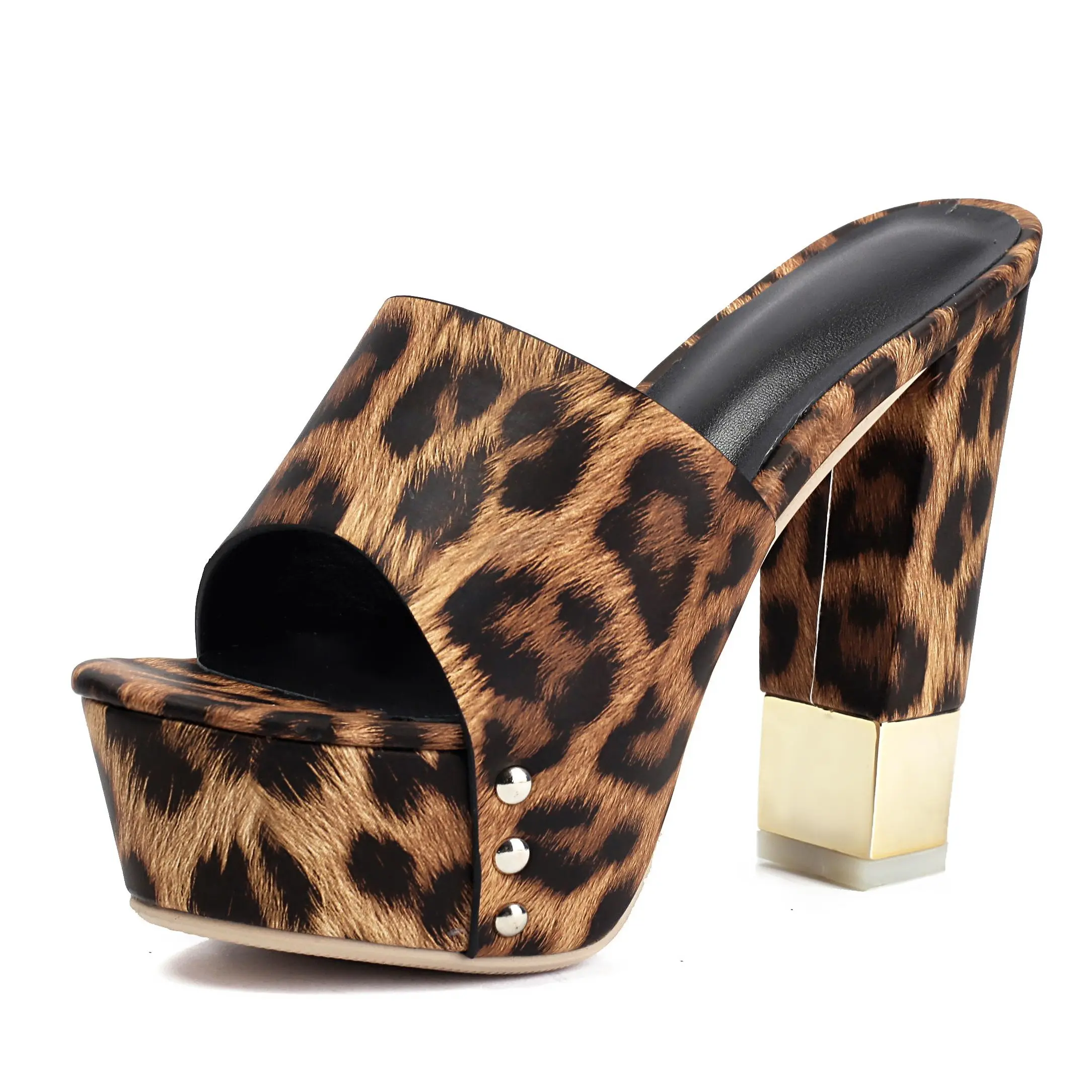 Leopard Print Platform Block Heel Mules, Peep Toe Slip On Heels with Gold Tip Square Toe Design Chunky High Heel Casual Shoes for Beach Vacation Evening Wear dress pump shoe sandal casual high heel fashionable party daily perfect sole thick club night