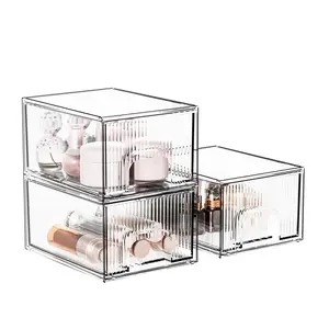 3 Pack Striped Stackable Makeup Organizer, Clear Acrylic Organizers Storage Drawer Organizer, Cosmetics Case and Beauty Organizer for Vanity, Kitchen Cabinets, Pantry Organization and Storage