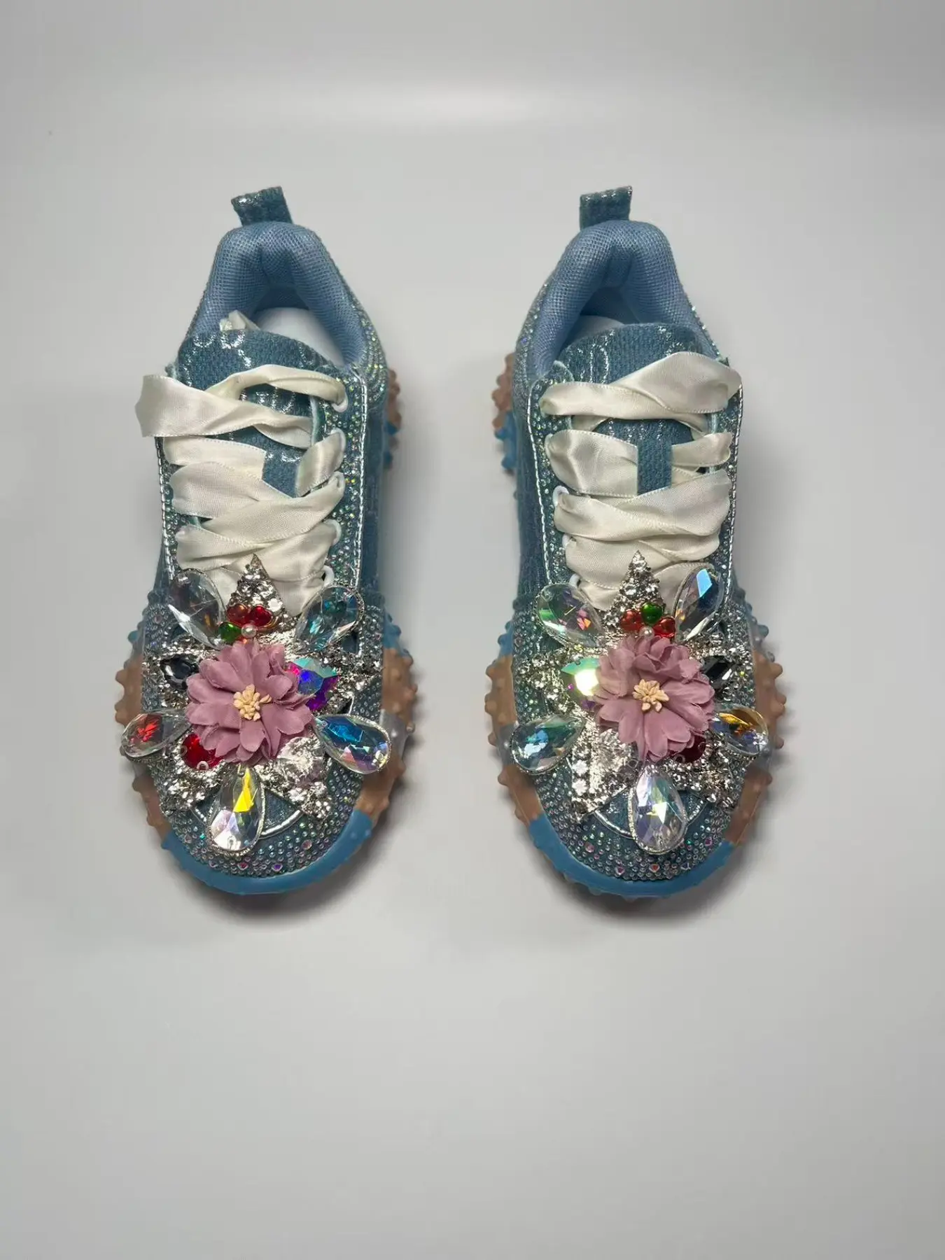 Water Drill Flower Thick Sole Dad Shoe Women Footwear, Full Rhinestone Lace Fairy Style Sports Shoe, Unique Design Height Boost Casual Shoe, Thick Soled Shoes, Trendy Shoes