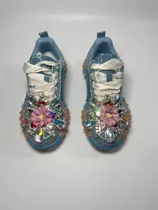 Water Drill Flower Thick Sole Dad Shoe Women Footwear, Full Rhinestone Lace Fairy Style Sports Shoe, Unique Design Height Boost Casual Shoe