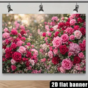 2D Flat Green Leaf Bouquet Backdrop with Red-pink Roses Pink Carnations Green Leaves Splashing Water Dark Water Surface Durable No Power Supply Needed Ideal for Indoor/outdoor Celebrations Versatile Wall Decoration Suitable for Home