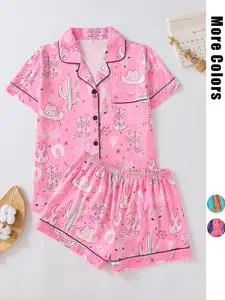 Women's Western Cowboy All-Over Print Pajama Set, Fitted Button Front Short Sleeve Top & Loose Comfortable Shorts, Pinkish Girlie Sleepwear