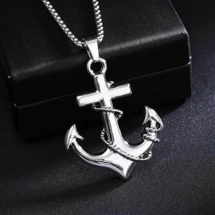Men's Vintage Anchor Necklace, Titanium Stainless Steel Pendant on a Long Retro Chain, Nautical Style Chain Jewelry, Stainless Steel Necklaces, Men's Accessory, Casual Wear, Male, Chain Jewelry Necklaces