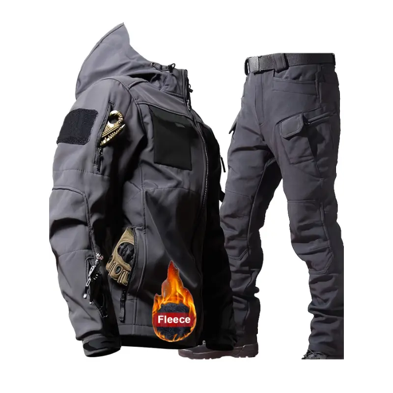 [Warm Fleece-Lined Mountaineering Set] 2pcs Men's Outdoor Mountaineering Set - Autumn/Winter Warm Fleece-Lined Hooded Jacket and Softshell Trousers - Windproof Coating, Multiple Pockets, Polyester 100% Top, 90.7% Polyester 9.3% Spandex Bott