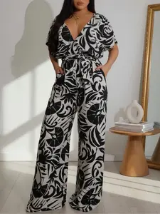 Print Jumpsuit, Sexy V Neck Design, Comfortable Loose Fit, Wide Leg, Perfect for Summer Parties, Vacation Travel, Casual Wear