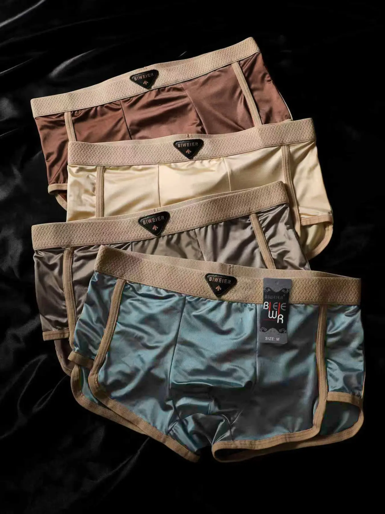Men's Satin Trimmed Shorts, Luxury Fashion Morandi Colors Soft Comfortable Fitted Underwear, Casual Stretchy Boxer Briefs for Home & Vacation Use