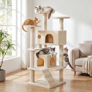 Cat Tree Tower for Indoor Cats, 54in Tall Multi-Level Pet Furniture, Stable Kitty Play House with Sisal Scratching Post, Large Condo, Climbing Ladder, Plush Toy for Kitten cat treehouse