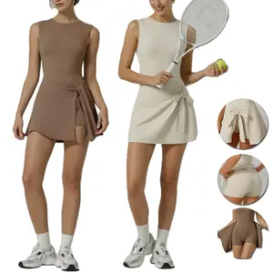 Women's Sleeveless Athletic Dress with Built-in Shorts Solid Knot Wrap Sports Tank Tummy Control Tennis Dress for Gym Running & Active Workouts Machine Washable Workoutdress